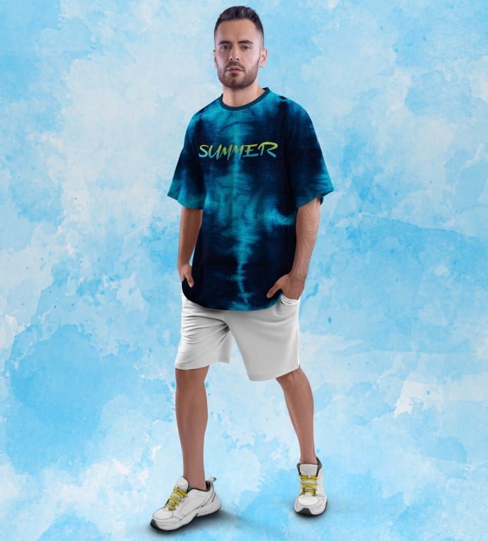 Juxar full printed oversized t shirt for women blue tie dye summer print shown on male model standing