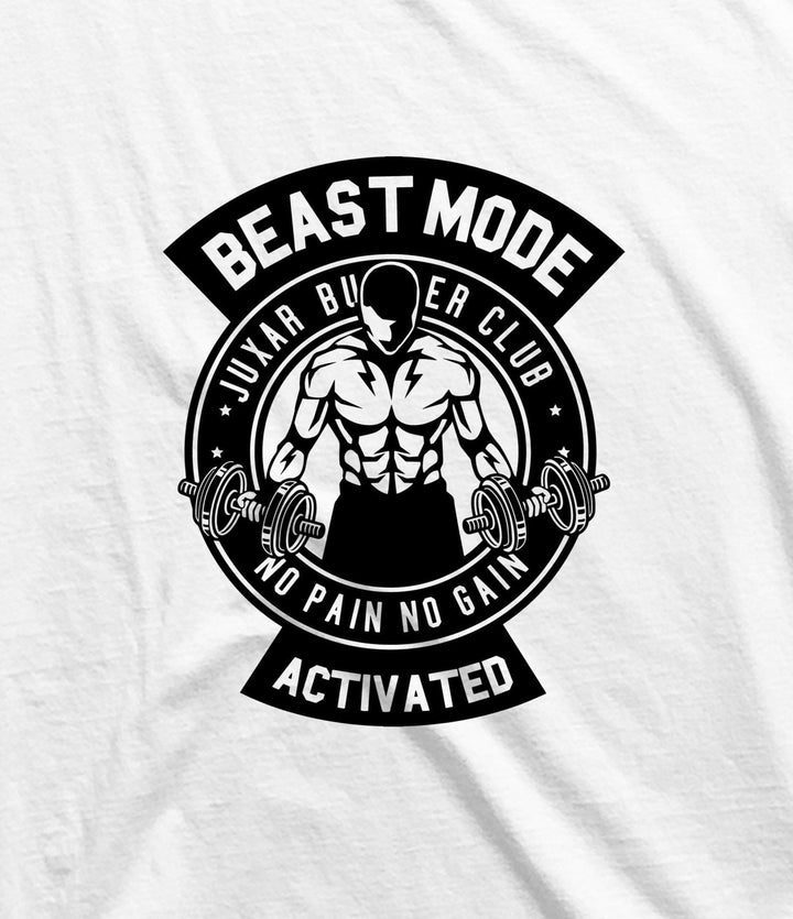 Juxar beast mode t-shirt with muscle graphic and weights design in black on white fabric