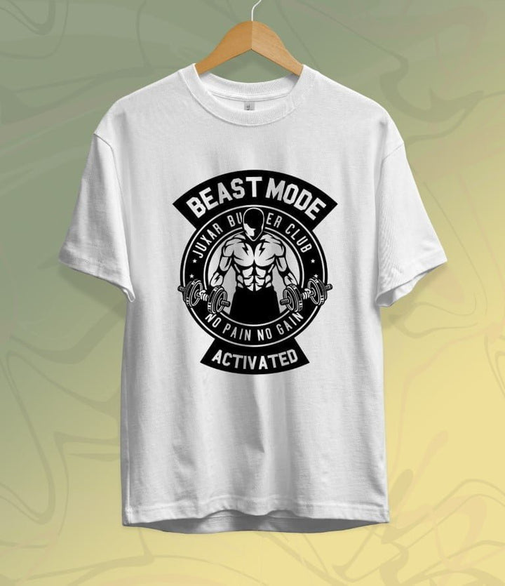 White Juxar beast mode t-shirt with muscular figure and dumbbells graphic design