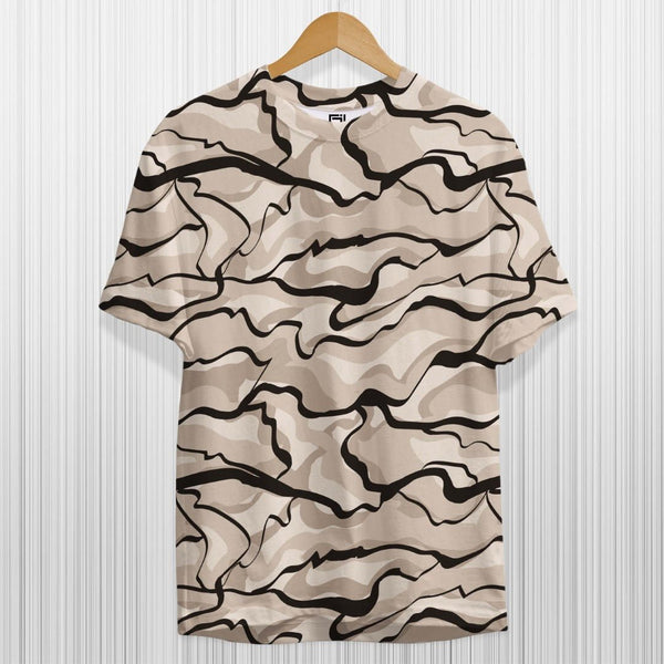 Juxar printed daily wear cotton t-shirt with abstract beige and black wavy patterns