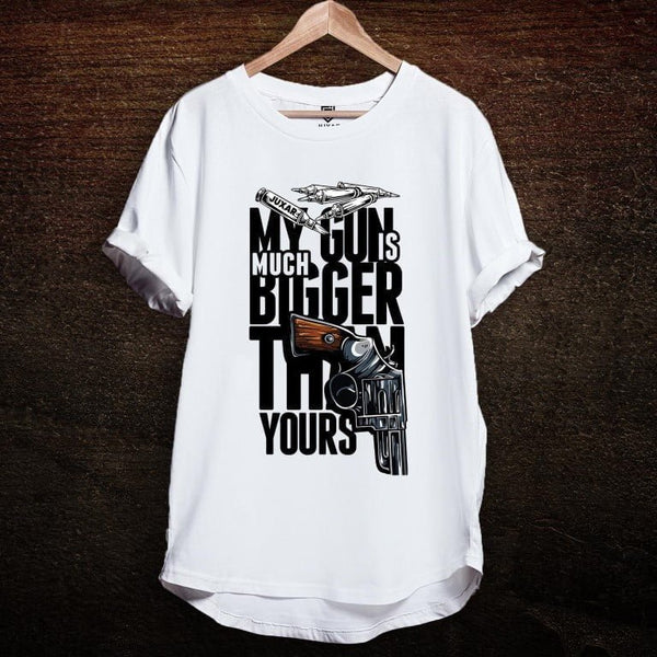 Juxar cotton longline tee with white funny gun graphic t-shirt print showing revolver and bold typography