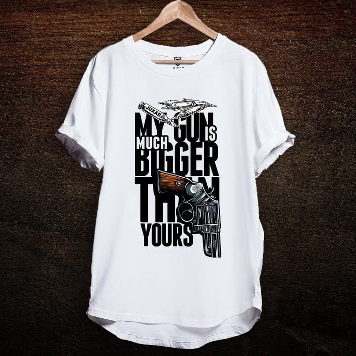 Juxar cotton longline tee with white funny gun graphic t-shirt print showing revolver and bold typography