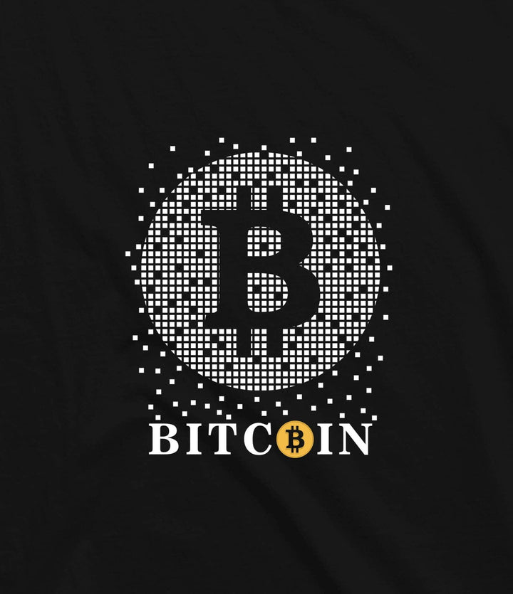 Juxar black cotton t shirts for summer collection with white pixelated Bitcoin logo design