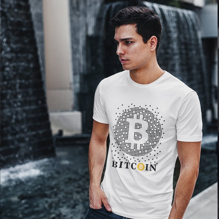 Juxar white plain cotton t shirts for reselling with Bitcoin logo worn by male model