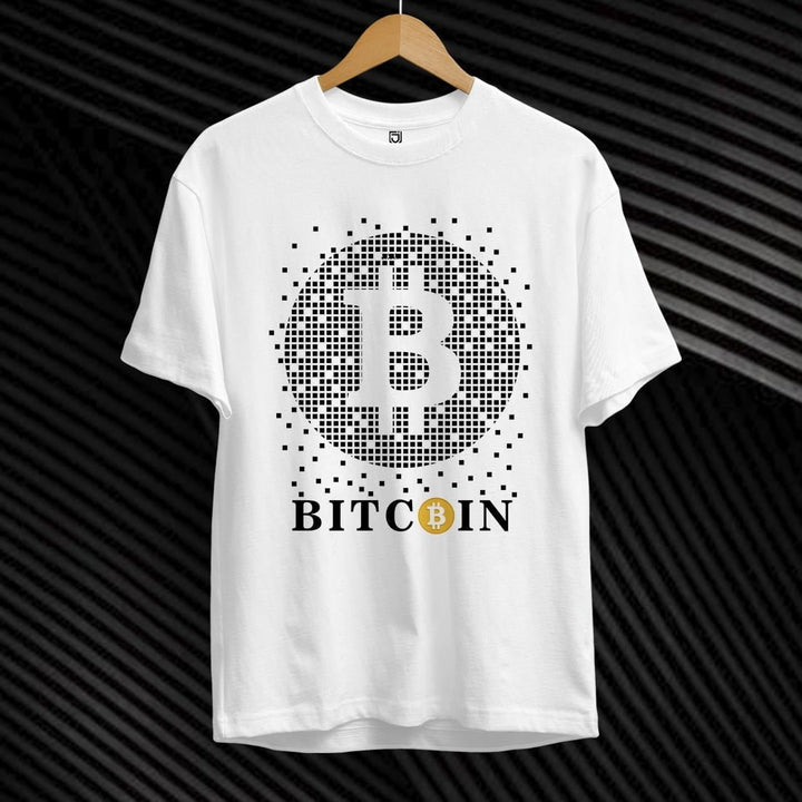 Juxar white plain cotton t shirts for reselling with black and gold Bitcoin logo design