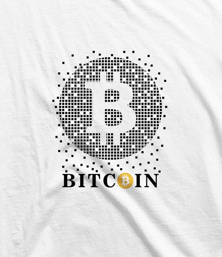 Juxar plain cotton t shirts for reselling with black and gold bitcoin logo design on white fabric