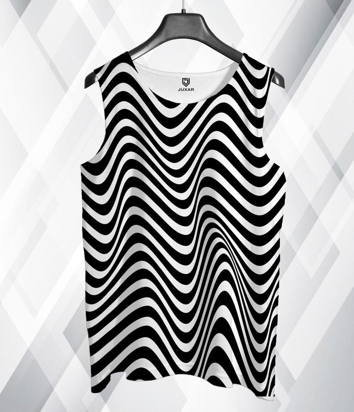 Juxar mens black and white optical illusion sando with wavy striped pattern on a hanger