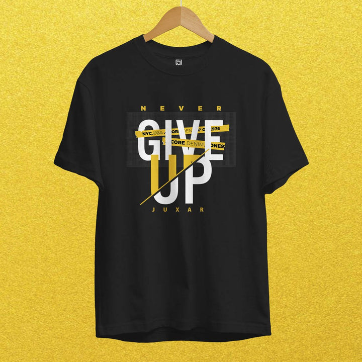 Juxar black classic fit cotton t shirt for workwear with motivational never give up graphic