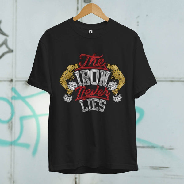 Juxar black cotton t shirt for branding with graphic print of muscular arms and text The Iron Never Lies