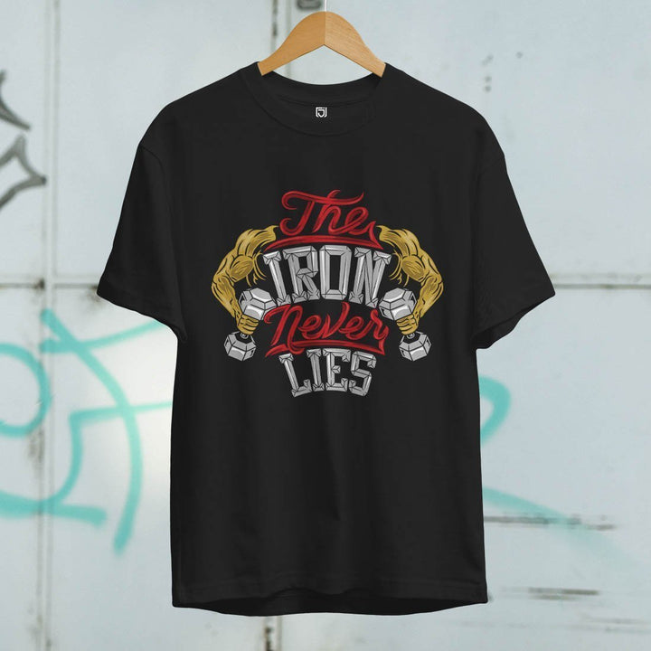 Juxar black cotton t shirt for branding with graphic print of muscular arms and text The Iron Never Lies