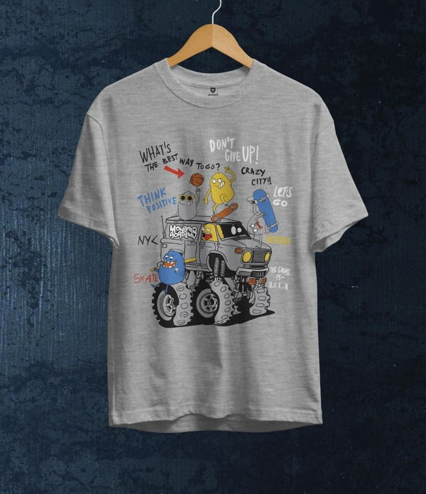 Juxar gray graphic t shirt featuring cartoon characters on off road truck with motivational text