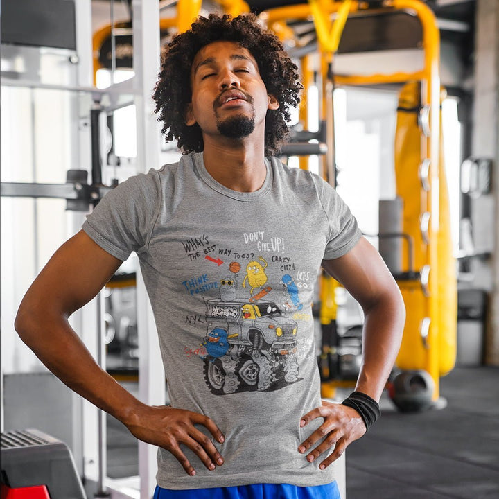 Juxar gray graphic t shirt worn by man in gym setting, not a black cotton t shirt for daily use