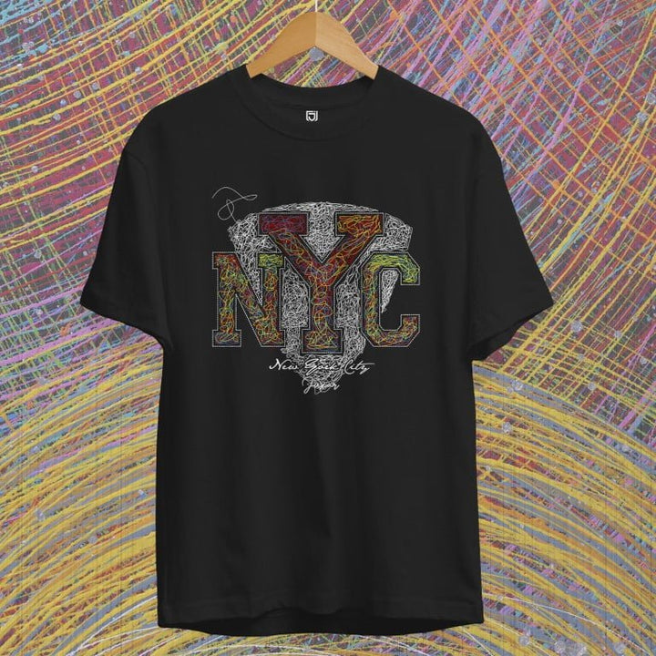 Black Juxar cotton t shirts with prints featuring colorful NYC design on front