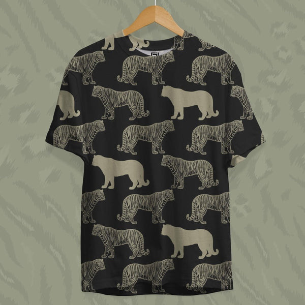 Juxar graphic tee for men featuring a black base with all-over tiger print design