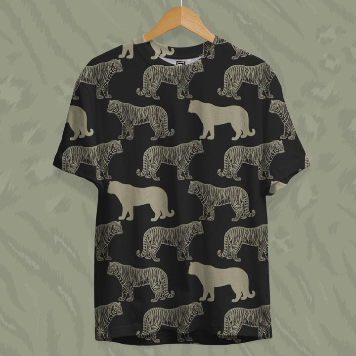 Juxar graphic tee for men featuring a black base with all-over tiger print design
