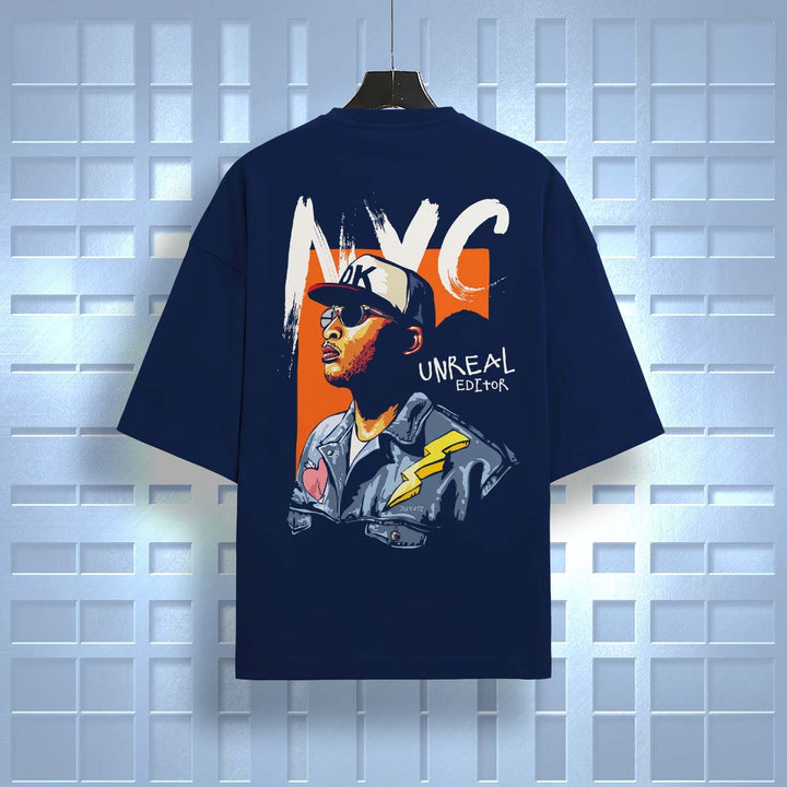 Juxar navy oversized loose fit t-shirt with colorful NYC graphic print on the back