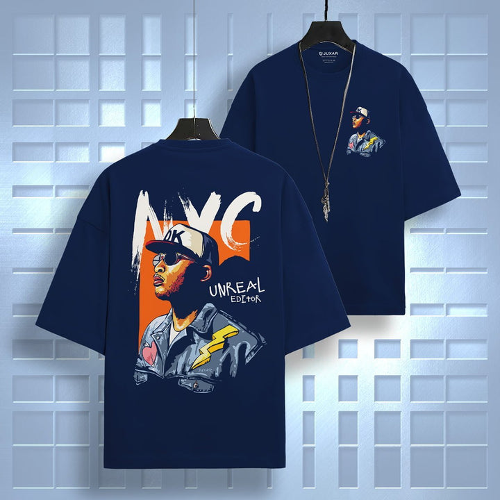 Juxar oversized loose fit t-shirt in navy with NYC graphic print on back and small front design