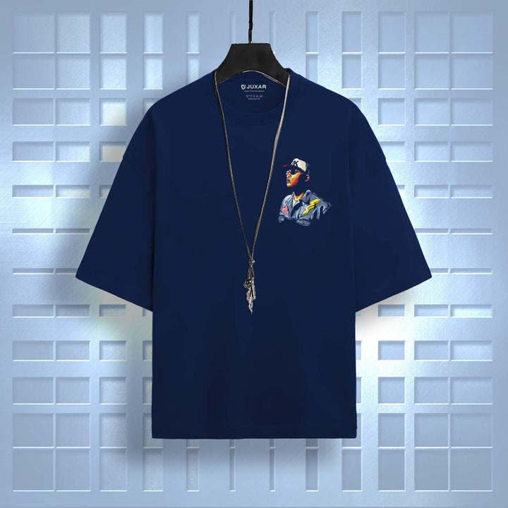 Juxar navy oversized loose fit t-shirt with graphic print and necklace accessory