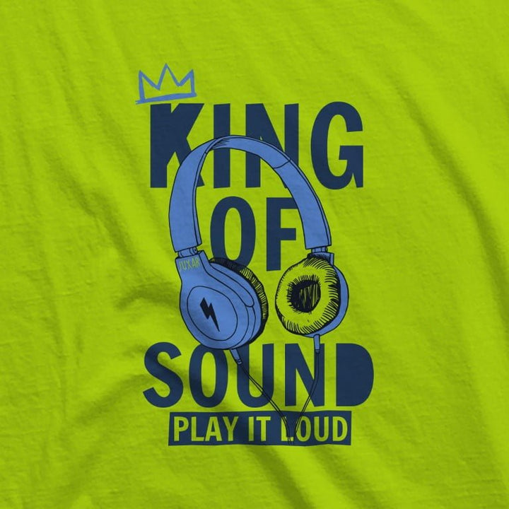 Juxar mens body fit hoodie in bright green with King of Sound headphones graphic and Play It Loud text