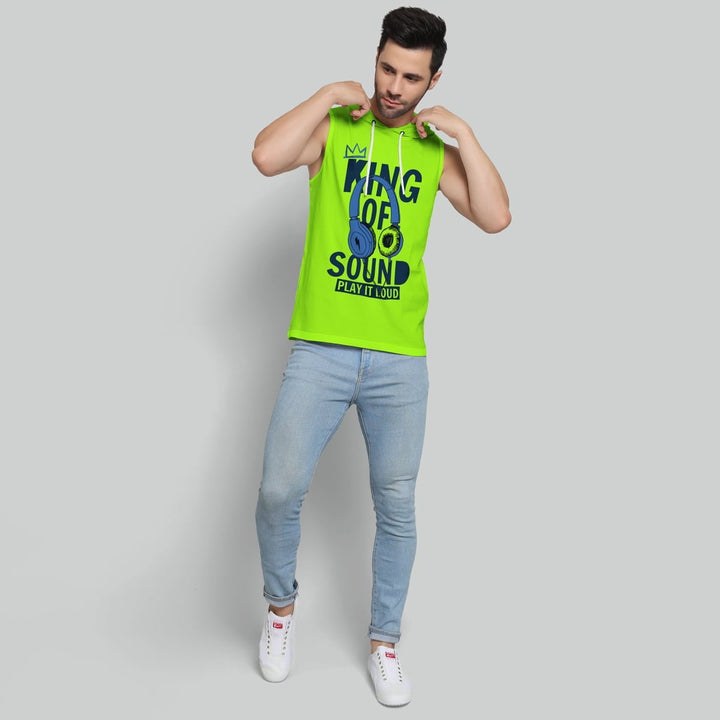 Juxar men's neon green body fit hoodie sleeveless with graphic print paired with light blue jeans
