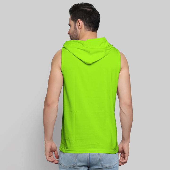 Juxar men's bright green sleeveless body fit hoodie shown from the back with hood up