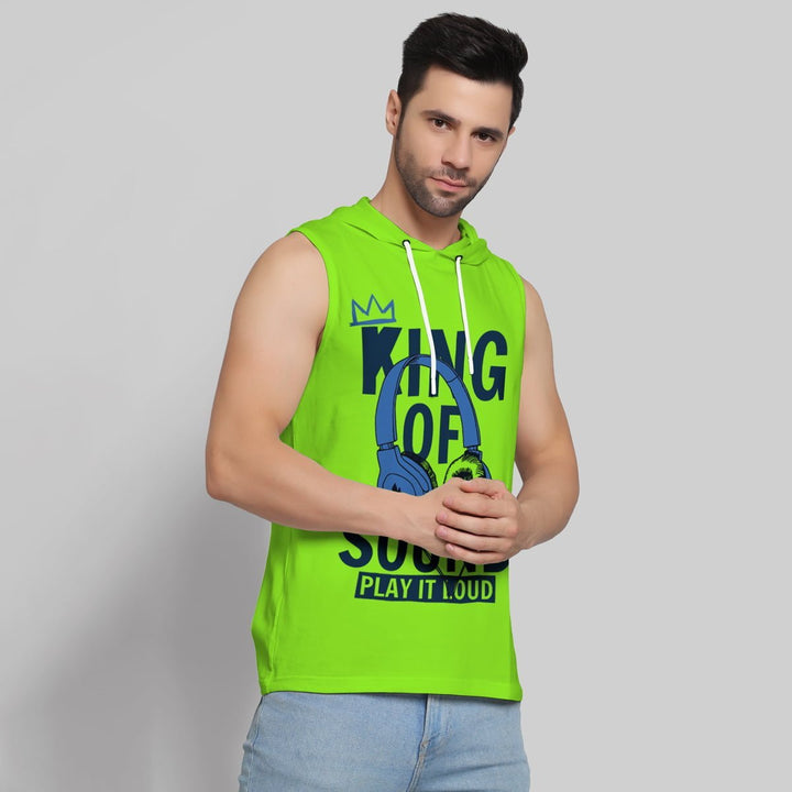 Juxar men's lime green sleeveless body fit hoodie with graphic print and white drawstrings