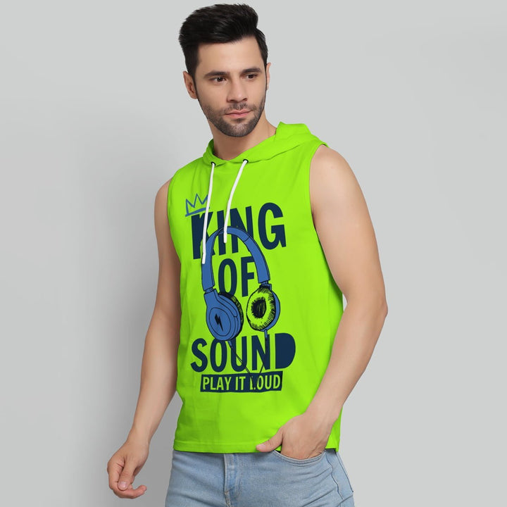 Juxar men's bright green sleeveless body fit hoodie with King of Sound graphic and hood
