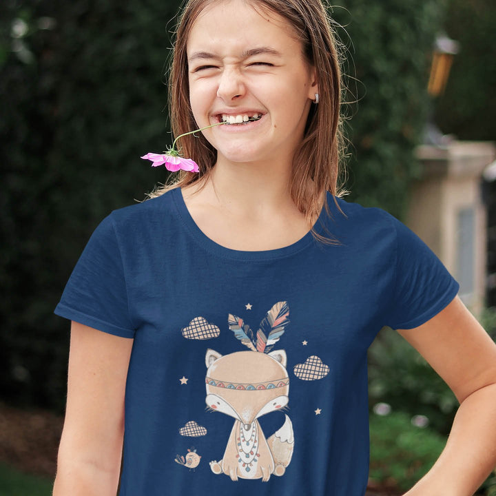 Juxar girls navy tee with cute tribal fox graphic and feathers worn by smiling model cool graphic t shirt for girls