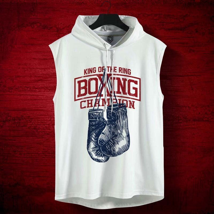 Juxar mens white sleeveless racerback hoodie with boxing gloves graphic and King of the Ring text
