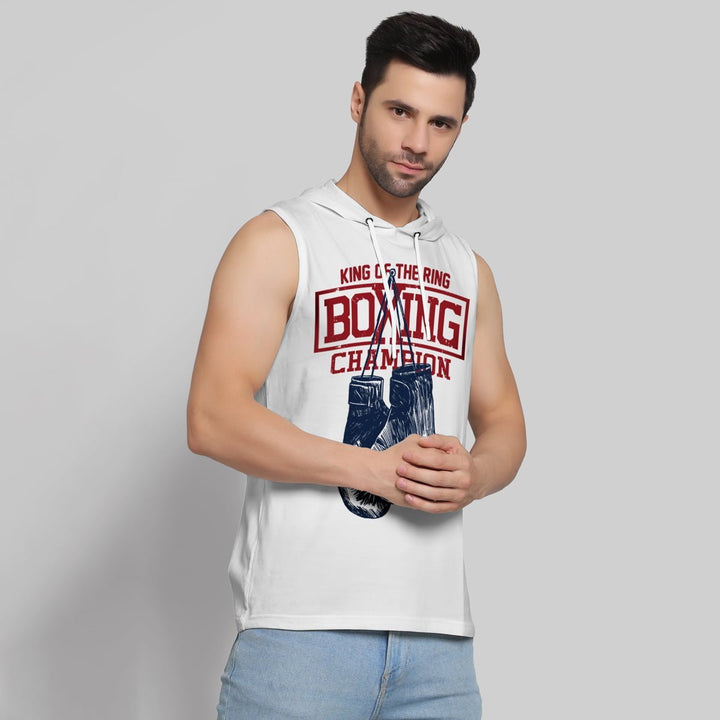 Juxar mens white racerback hoodie with boxing champion graphic and sleeveless design