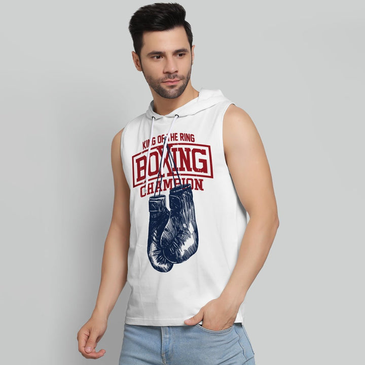 Juxar mens white racerback hoodie with boxing champion graphic and hood