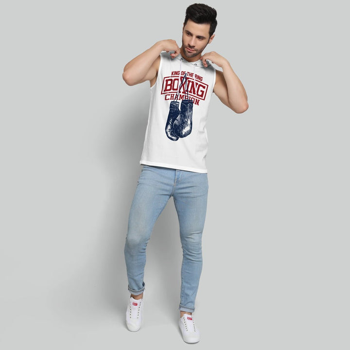 Mens white sleeveless Racerback hoodie by Juxar with boxing champion graphic and light blue jeans