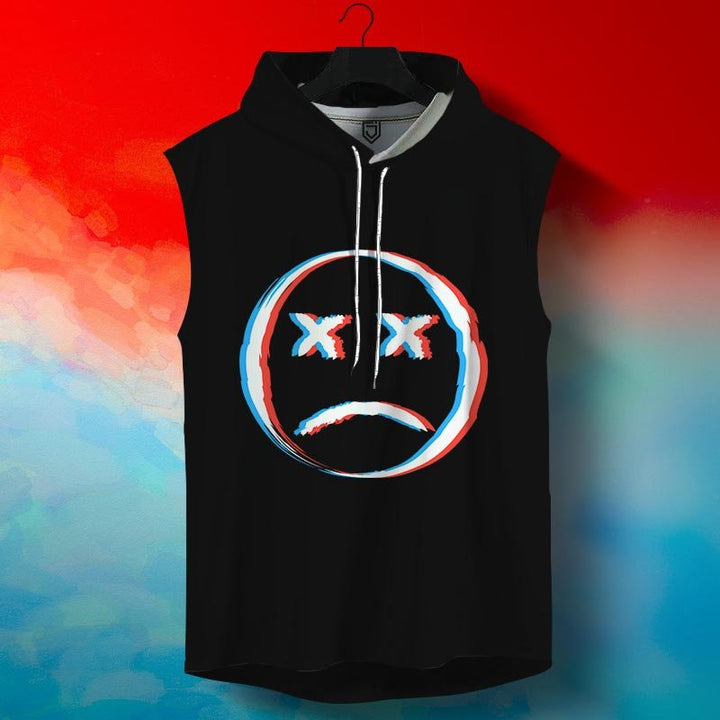 Juxar mens black breathable sleeveless hoodie with sad face graphic and drawstring hood