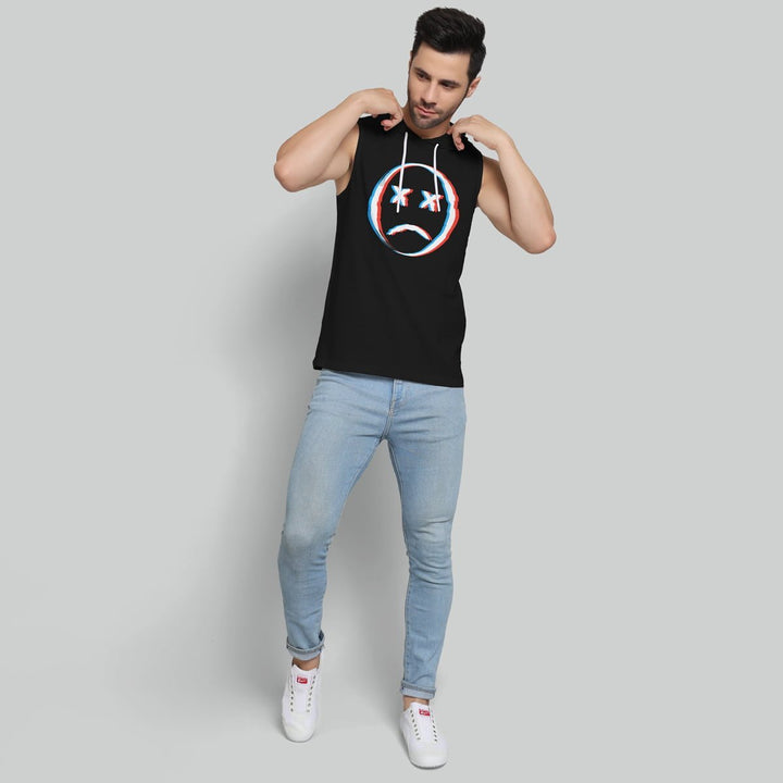 Juxar men's black breathable sleeveless tank top with graphic design paired with light blue jeans and white sneakers