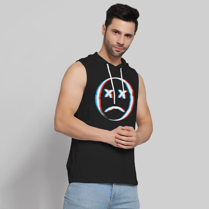 Juxar mens breathable sleeveless black hoodie with sad face graphic and white drawstrings