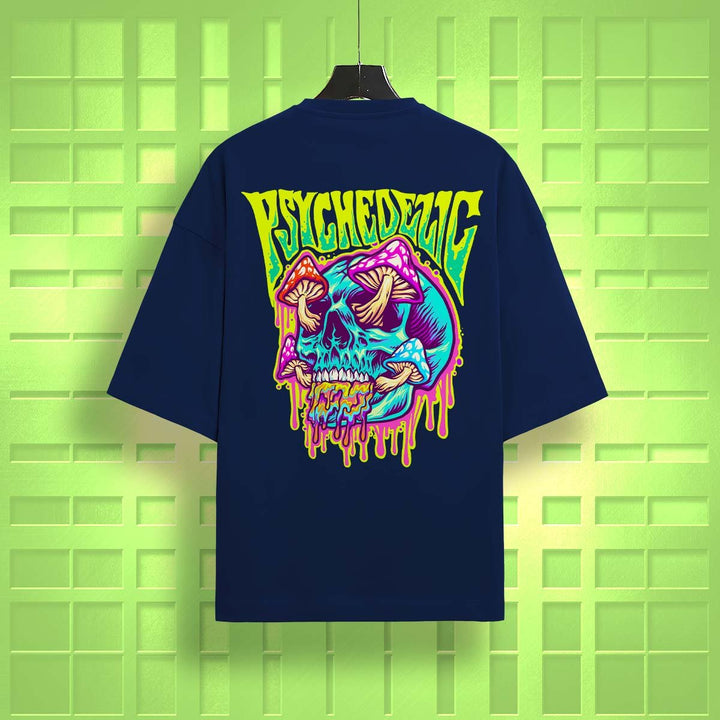 Juxar casual cotton oversized t-shirt in navy with psychedelic skull and mushroom graphic on the back