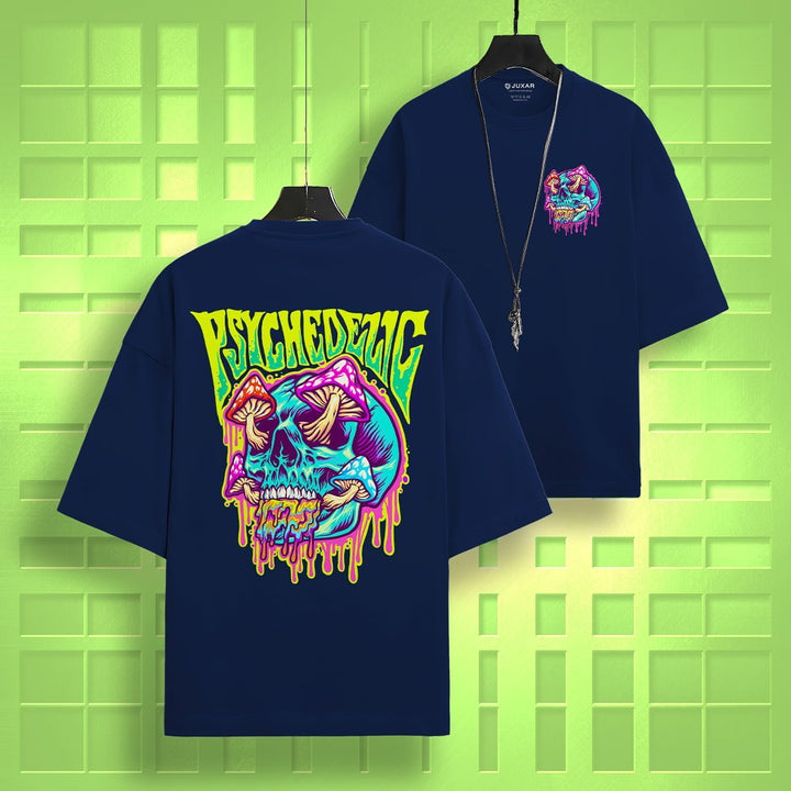 Juxar casual cotton oversized t-shirt in navy with colorful psychedelic skull and mushroom graphic