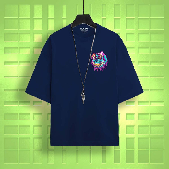 Juxar casual cotton oversized t-shirt in navy blue with colorful graphic print and necklace accessory