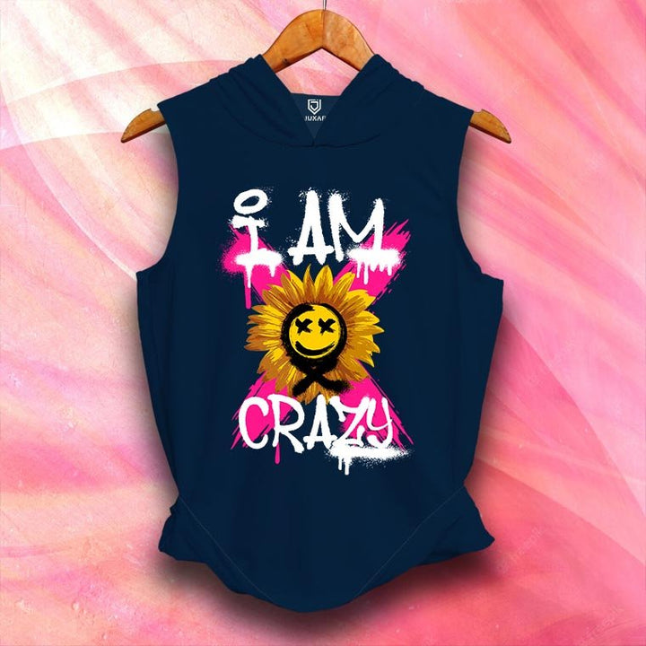 Juxar mens navy blue crazy hoodie sando with sunflower graphic and I am crazy text