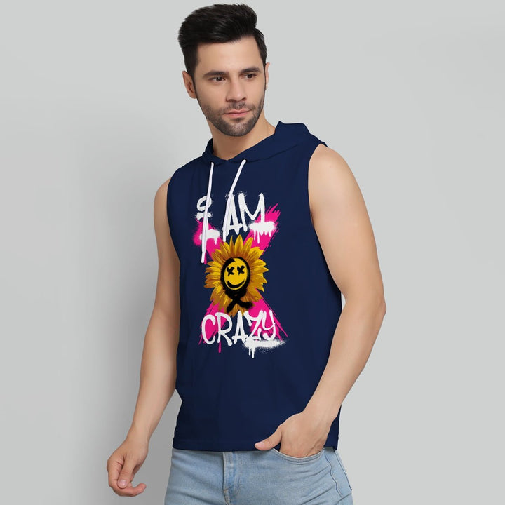 Juxar mens navy sleeveless crazy hoodie sando with sunflower graphic and hood