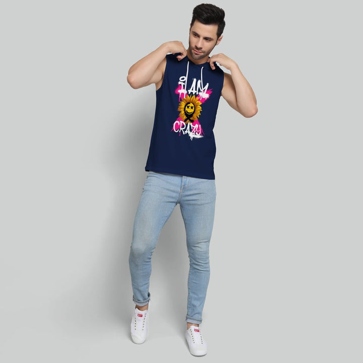 Juxar men's crazy hoodie sando navy sleeveless top with sunflower graphic and white drawstrings
