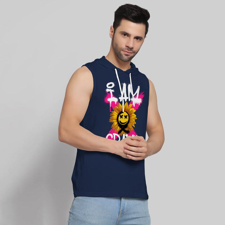 Juxar men's crazy hoodie sando navy blue sleeveless hoodie with colorful sunflower graphic