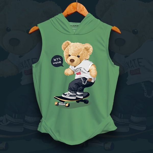 Juxar mens cute teddy bear hoodie sleeveless green with skateboarding teddy bear graphic