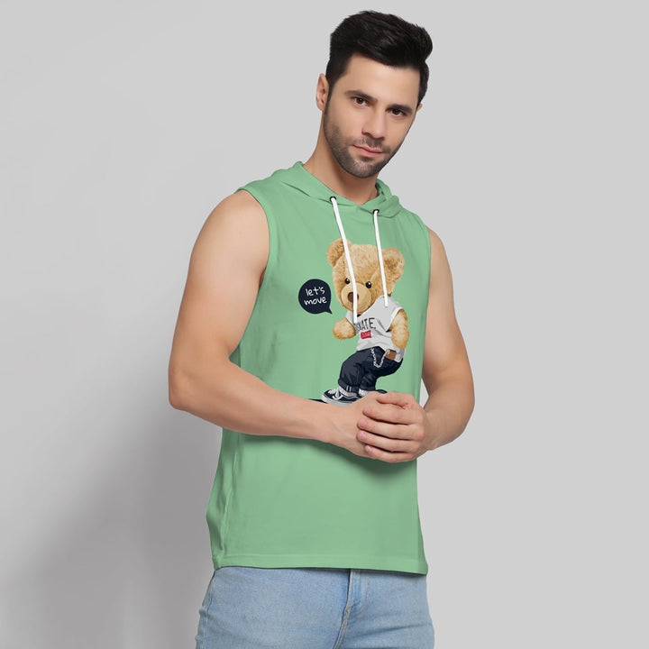 Mens sleeveless green hoodie with cute teddy bear hoodie graphic and white drawstrings