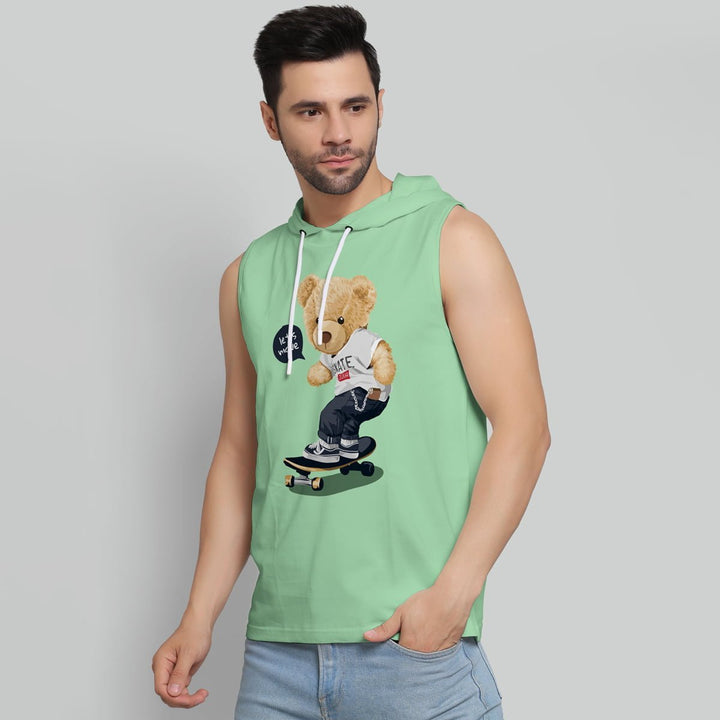 Juxar mens sleeveless hoodie in green with a cute teddy bear hoodie graphic riding a skateboard
