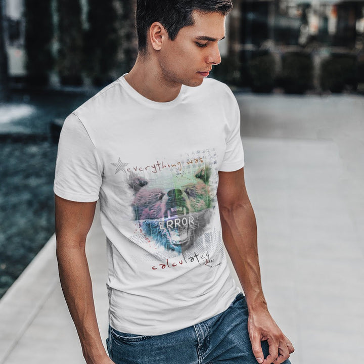 Juxar half sleeve cotton t shirt for men in white with graphic print worn by a man outdoors
