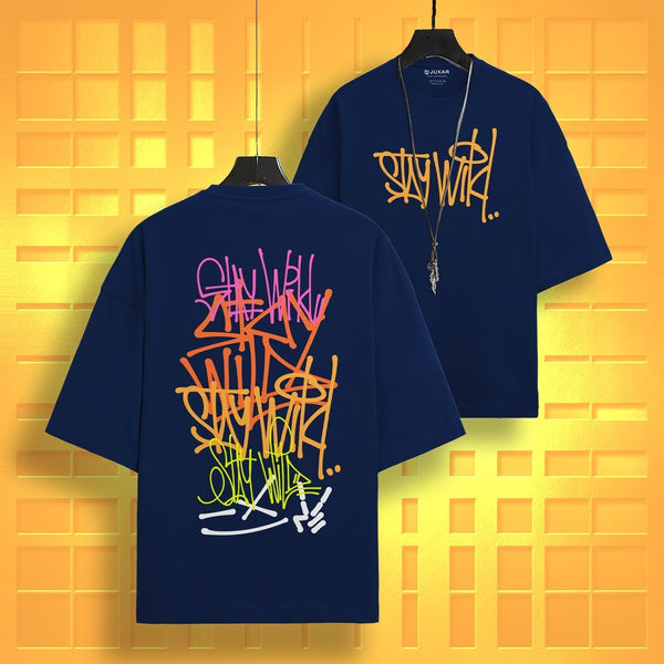 Juxar oversized graphic cotton t-shirt in navy blue with colorful graffiti text design