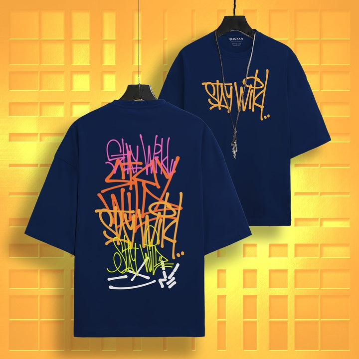 Juxar oversized graphic cotton t-shirt in navy blue with colorful graffiti text design