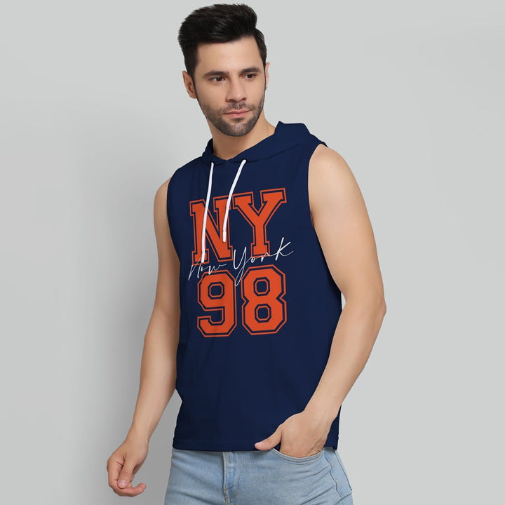Juxar mens navy sleeveless raw edge hoodie with NY 98 graphic and white drawstrings