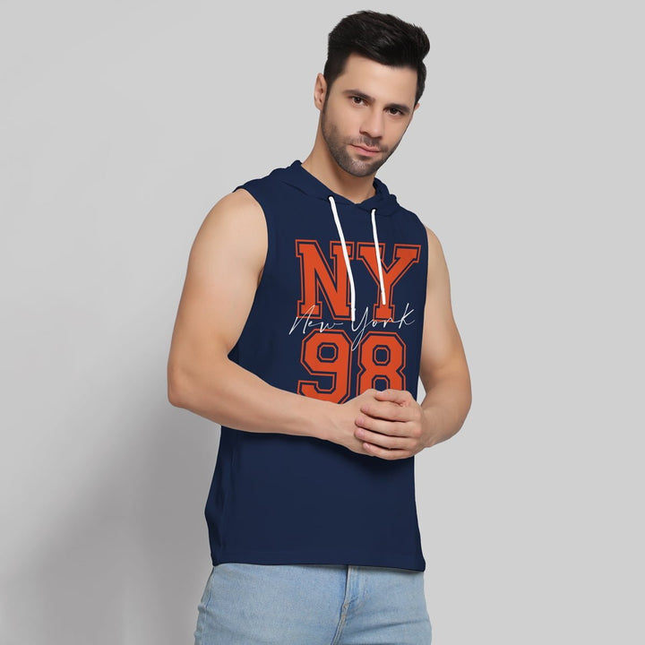 Juxar men's navy blue sleeveless Raw edge hoodie with NY 98 graphic print